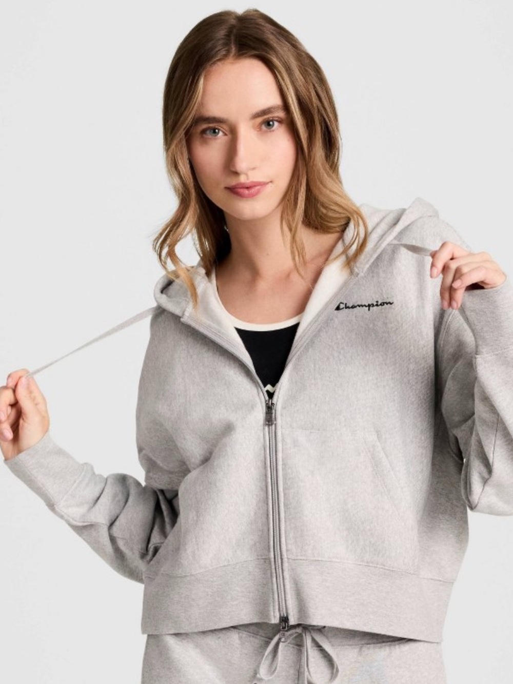 Champion Women's Light Gray Full-Zip Cropped Hooded Sweatshirt